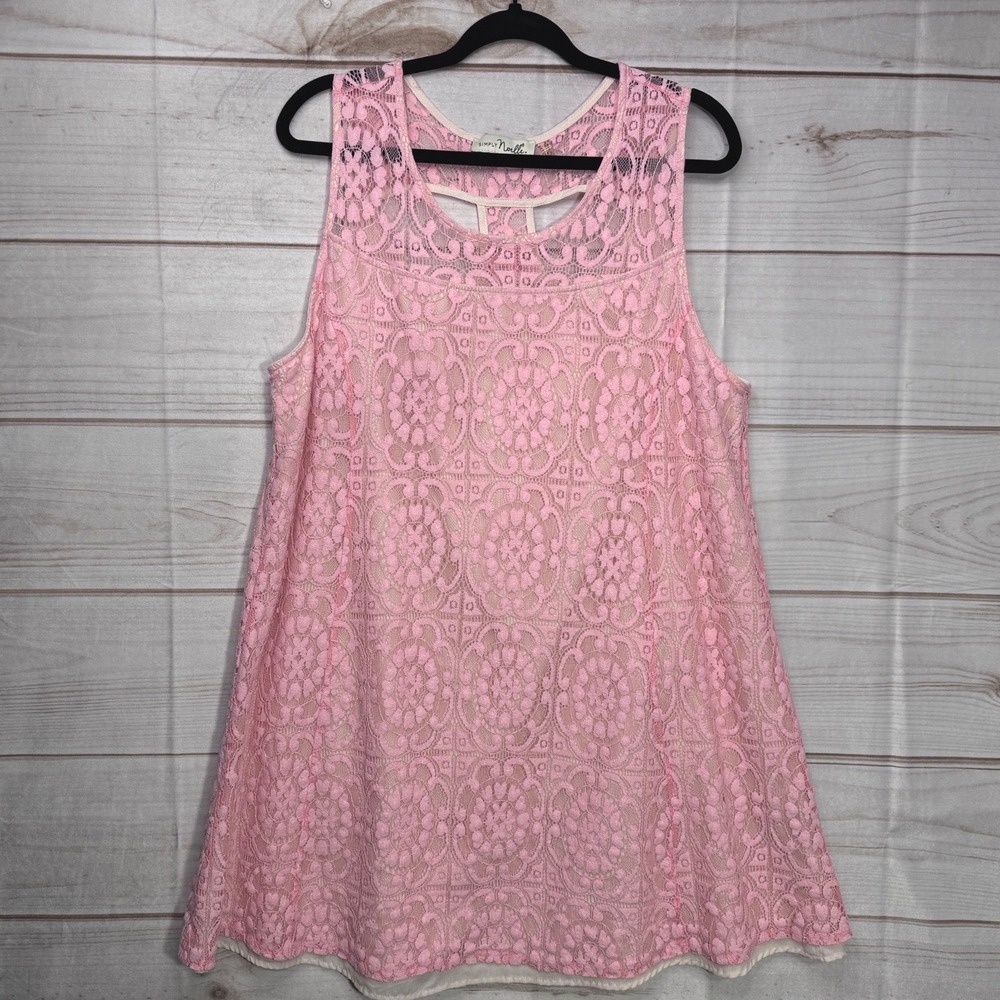 Simply Noelle Womens XXL Pink Floral Lace Sleeveless Tank Top Cutout Back